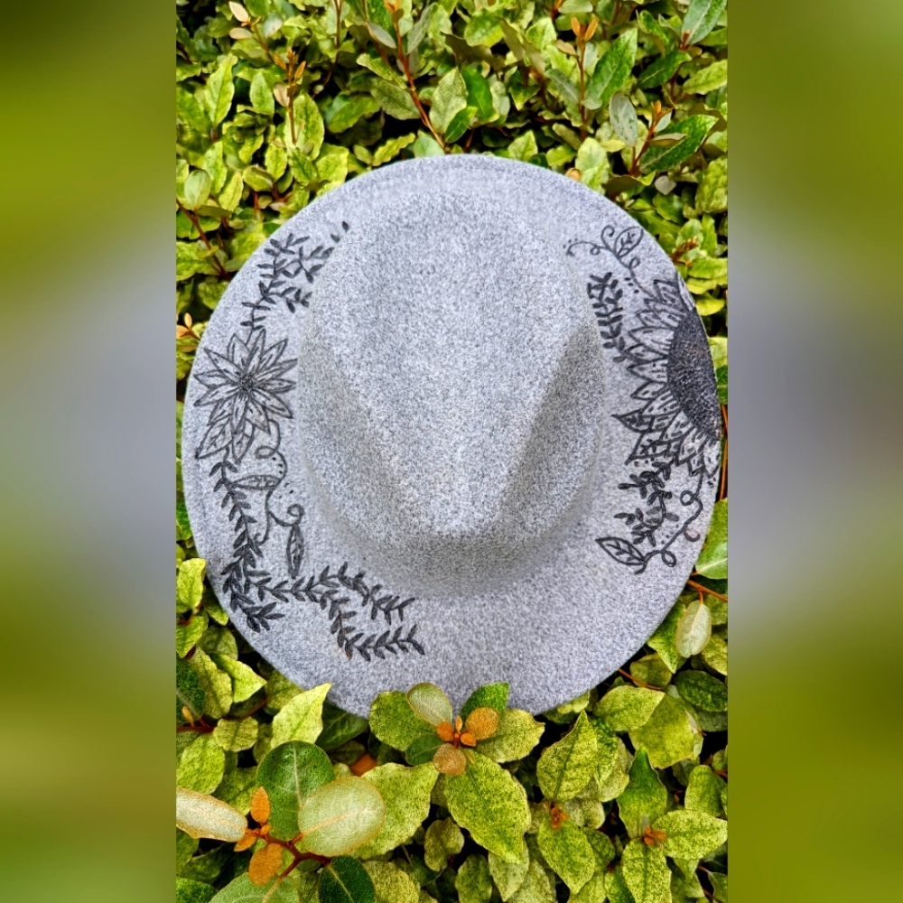 Size 7 Custom sunflower wood burned gray fedora